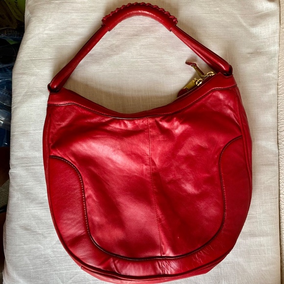 J. Crew red leather hobo handbag with brass hardware and dust bag. - Picture 5 of 13
